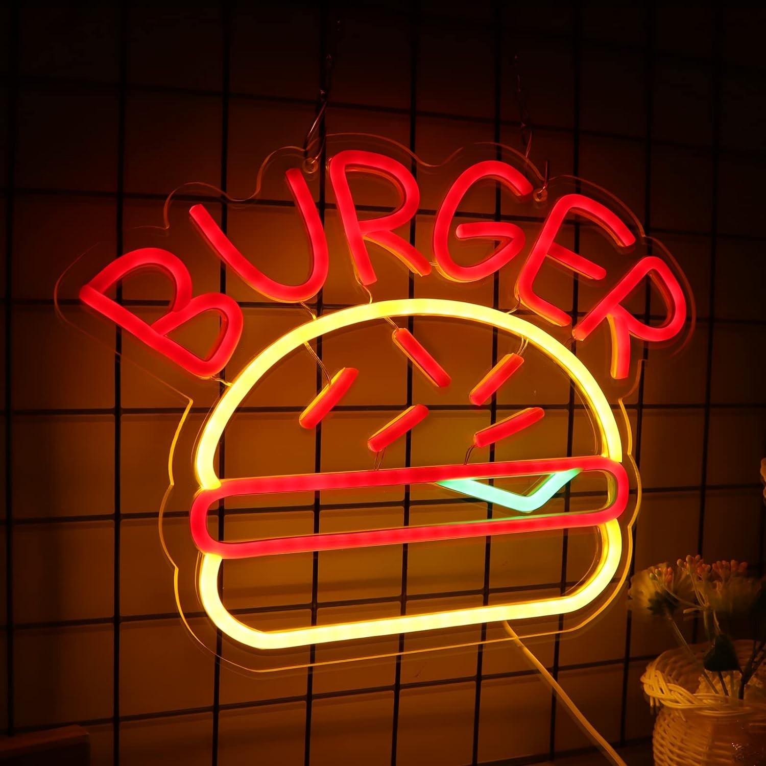 logo pentru iluminat burger neon pe perete